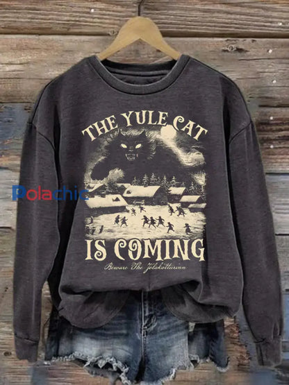 Sweat-shirt en polyester Yule Cat Is Coming avec imprimé art de Noël pour femme Gris foncé / S