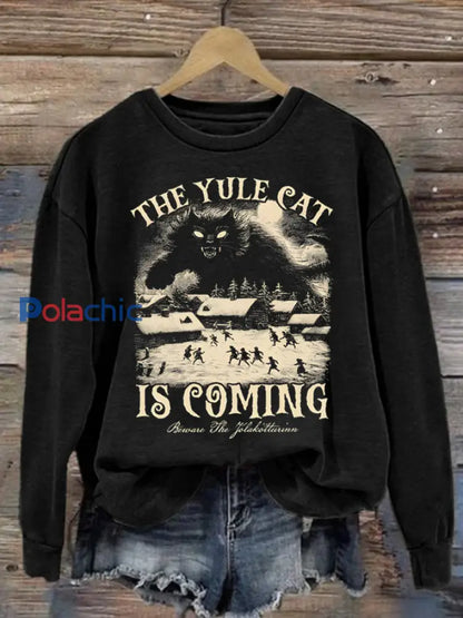 Sweat-shirt en polyester Yule Cat Is Coming avec imprimé art de Noël pour femme Noir / S