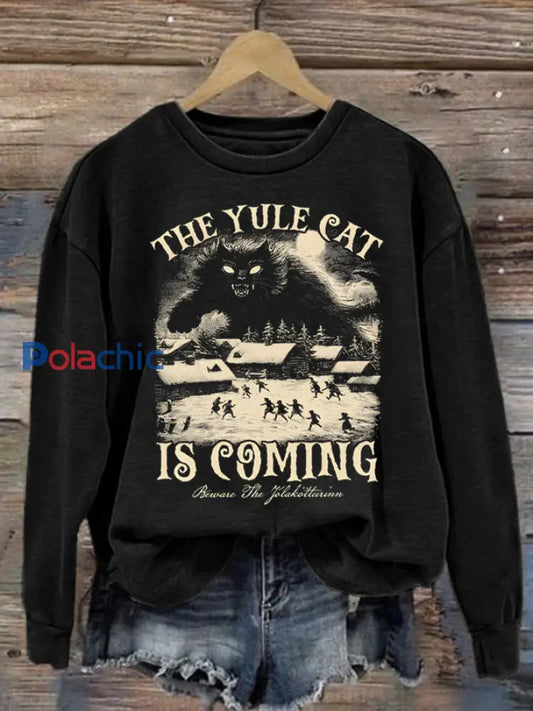 Sweat-shirt en polyester Yule Cat Is Coming avec imprimé art de Noël pour femme Noir / S