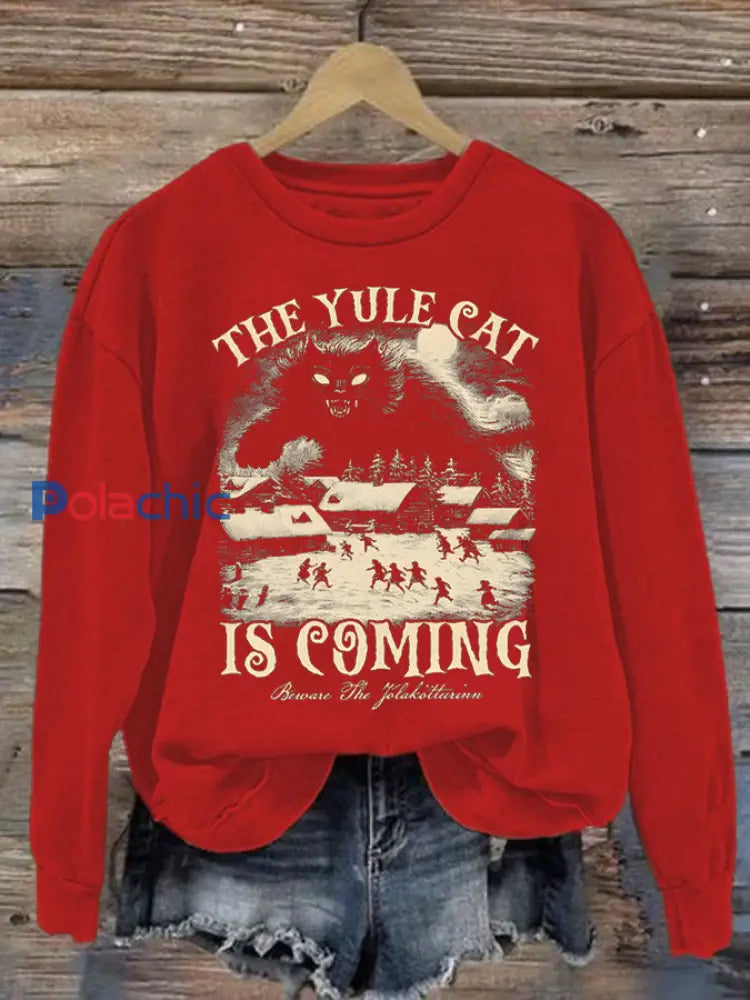 Sweat-shirt en polyester Yule Cat Is Coming avec imprimé art de Noël pour femme Rouge / S