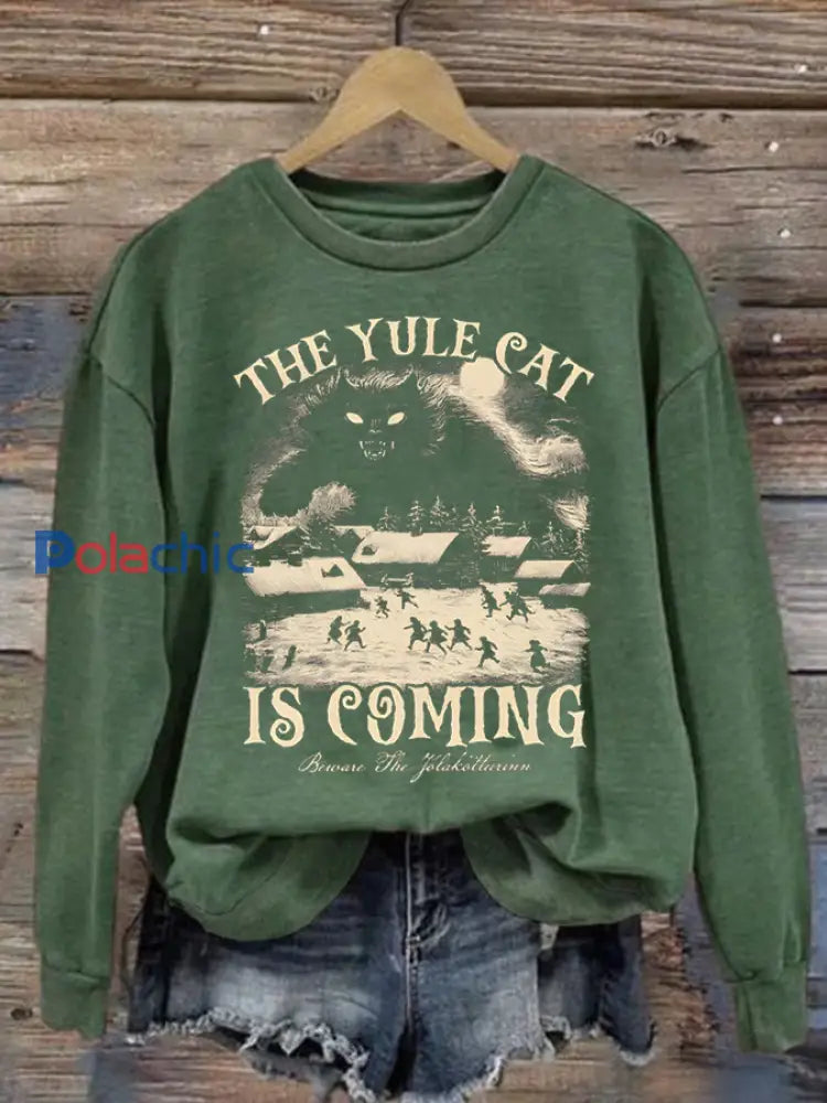Sweat-shirt en polyester Yule Cat Is Coming avec imprimé art de Noël pour femme Vert / S