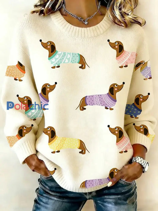 Sweat-shirt Femme Chien Teckel Tricoté Abricot / S