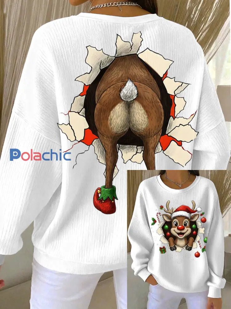 Sweat-shirt Femme Côtelé Renne De Noël à Col Rond Blanc / S