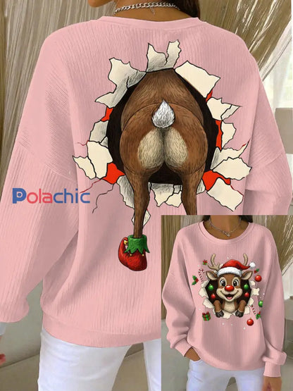 Sweat-shirt Femme Côtelé Renne De Noël à Col Rond Rose / S