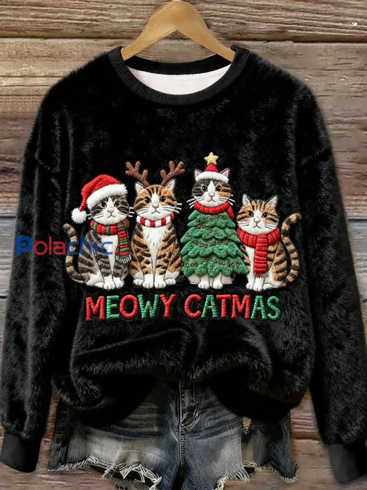 Sweat-shirt Femme En Flanelle Art De Chat De Noël Noir / S