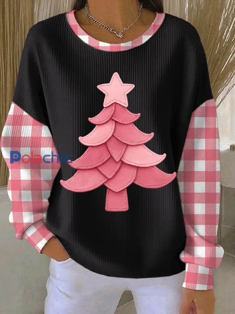 Sweat-shirt Femme Imprimé Arbre de Noël Côtelé à Col Rond Noir / S