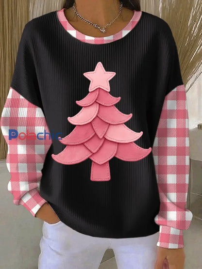 Sweat-shirt Femme Imprimé Arbre de Noël Côtelé à Col Rond Noir / S