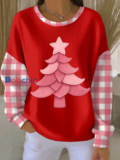 Sweat-shirt Femme Imprimé Arbre de Noël Côtelé à Col Rond Rouge / S