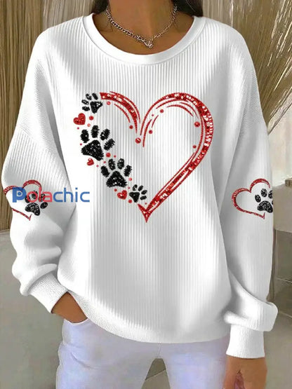 Sweat-shirt Femme Love Dog Paw Imprimé Blanc / S