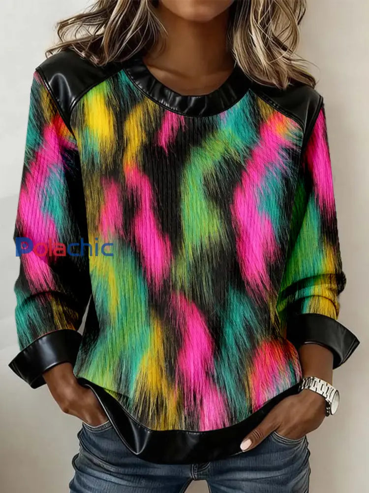 Sweat-shirt Femme Multicolore Patchwork En Cuir Imprimé Éclaboussures comme image / S