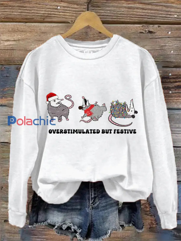 Sweat-shirt Femme Overstimulated Mais Festive Possum Noël Blanc / S