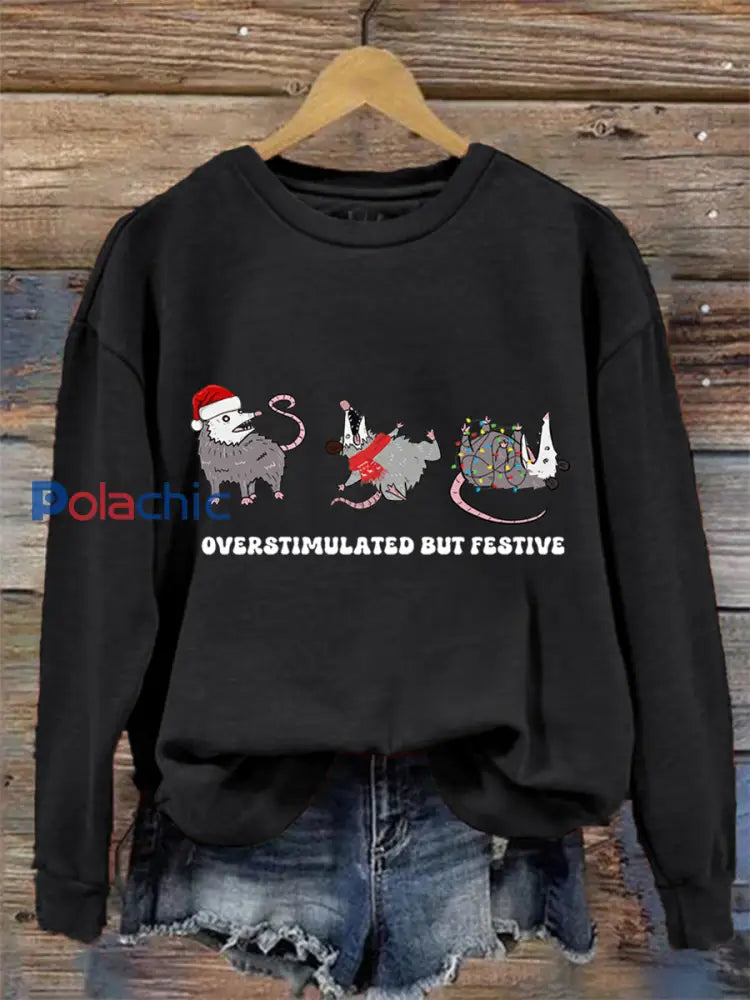Sweat-shirt Femme Overstimulated Mais Festive Possum Noël Noir / S