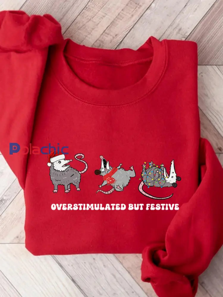 Sweat-shirt Femme Overstimulated Mais Festive Possum Noël Rouge / S
