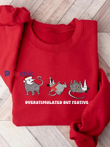 Sweat-shirt Femme Overstimulated Mais Festive Possum Noël Rouge / S