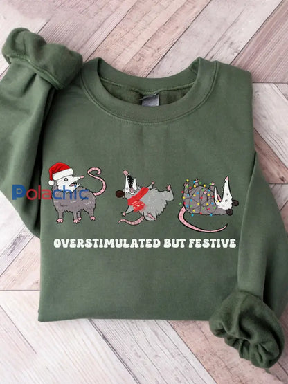 Sweat-shirt Femme Overstimulated Mais Festive Possum Noël Vert / S