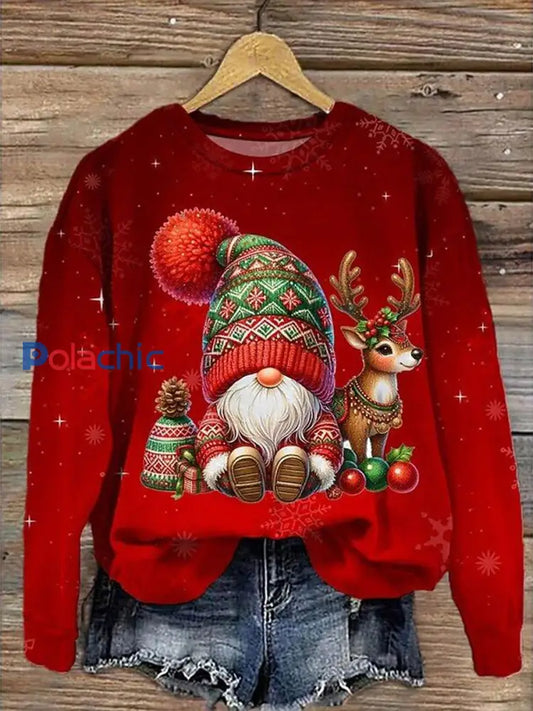 Sweat-shirt Femme Père Noël et Renne Imprimé Régulier Rouge / S