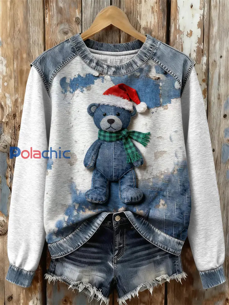Sweat-shirt Femme Retro Christmas Denim Ours Imprimé comme image / S