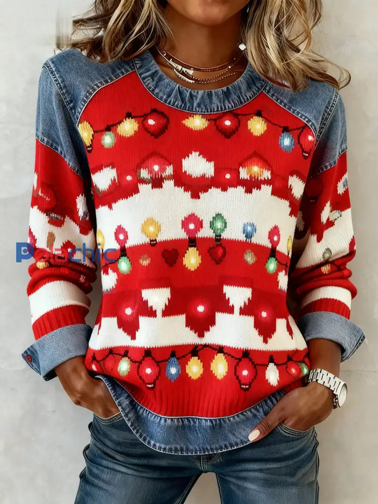Sweat-shirt Femme Vintage Noël Denim Patchwork rouge / S