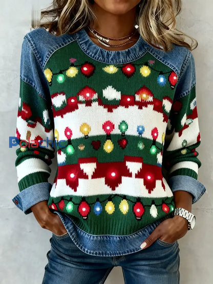 Sweat-shirt Femme Vintage Noël Denim Patchwork vert foncé / S