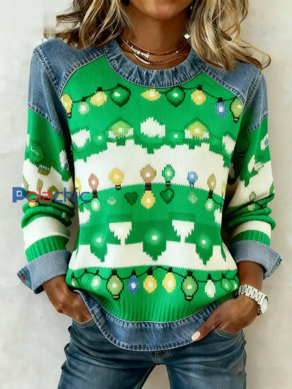Sweat-shirt Femme Vintage Noël Denim Patchwork vert / S