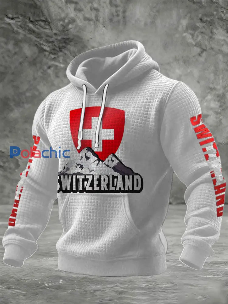 Sweat-shirt Homme Croquant En Tricot Gaufré Blanc Bouclier Suisse Et Montagne Multicolore / S