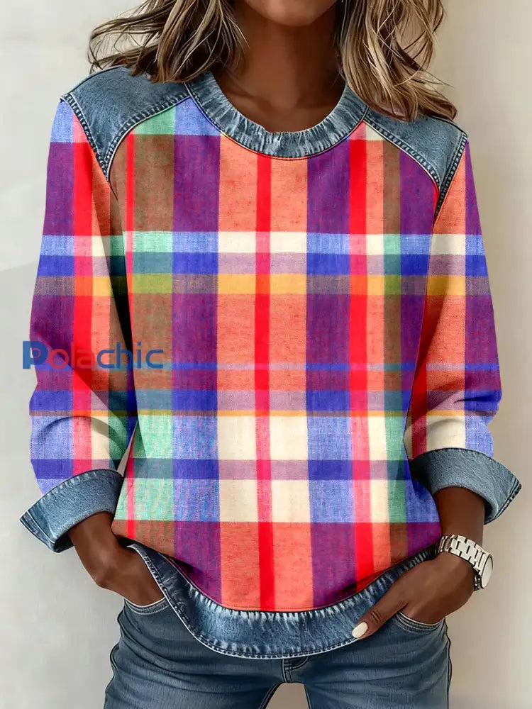 Sweat-shirt patchwork à motif à carreaux coloré pour femmes comme image / S