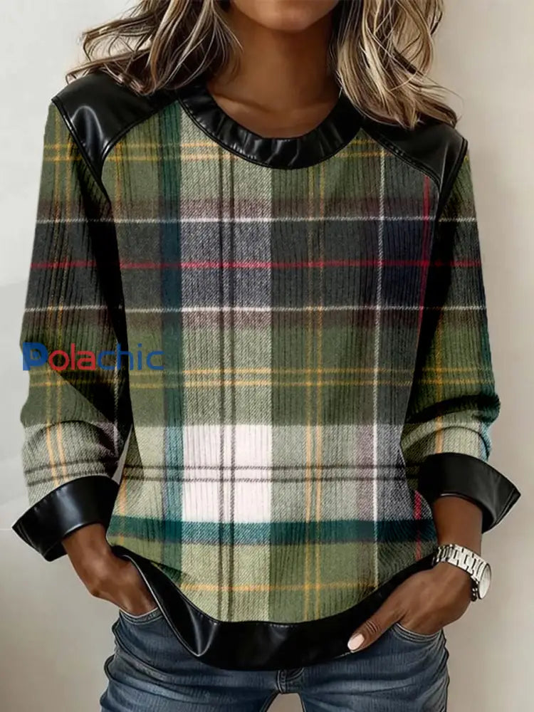 Sweat-shirt patchwork en cuir vintage motif à carreaux pour femmes comme image / S