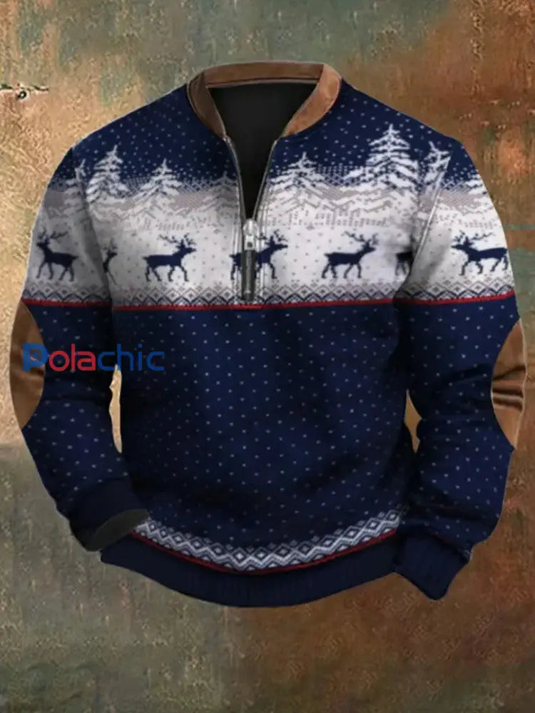 Sweat-shirt rétro imprimé de Noël pour hommes Bleu / S