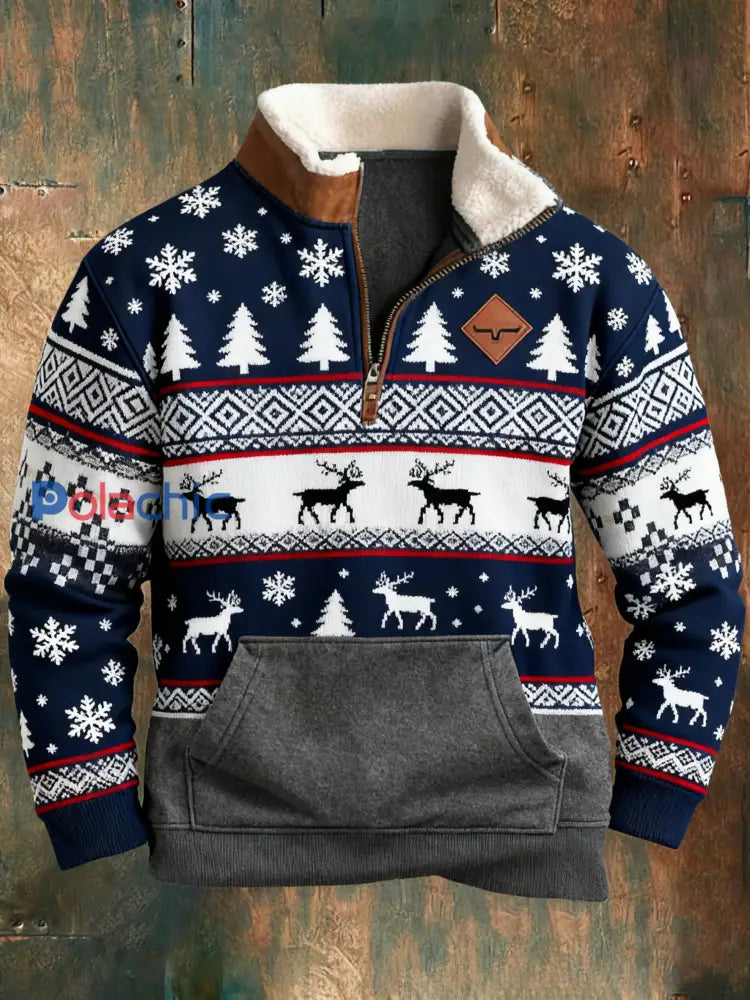 Sweat-shirt rétro imprimé de Noël pour hommes Bleu / S