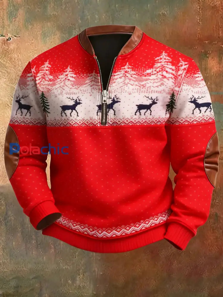 Sweat-shirt rétro imprimé de Noël pour hommes Rouge / S