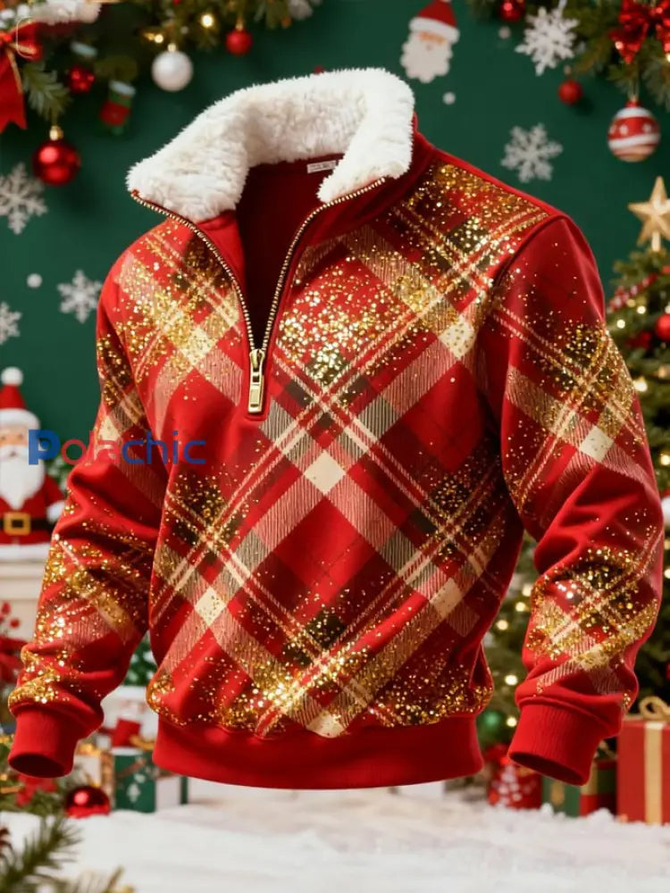 Sweat-shirt rétro imprimé de Noël pour hommes Rouge / S