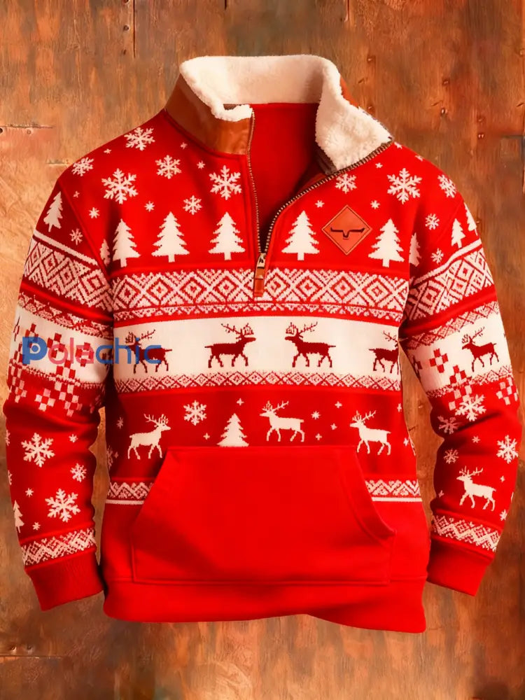 Sweat-shirt rétro imprimé de Noël pour hommes Rouge / S