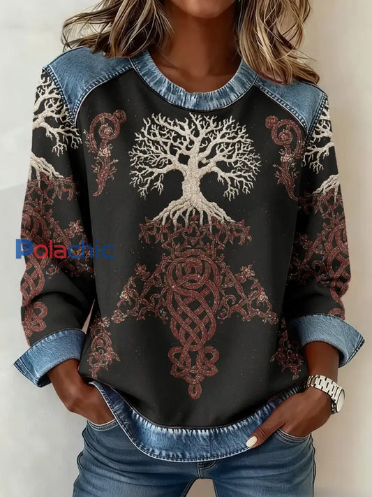 Sweat-shirt Viking Tree of Life 3D Femme Imprimé Denim Noir / S