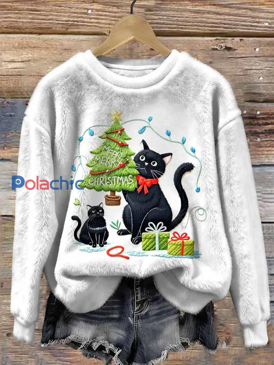 Sweat-shirt vintage à manches longues motif de chat de Noël comme image / S