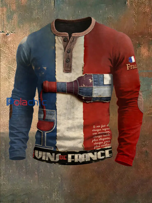 Sweat-shirt vintage patchwork imprimé vin drapeau français pour hommes Multicolore / S
