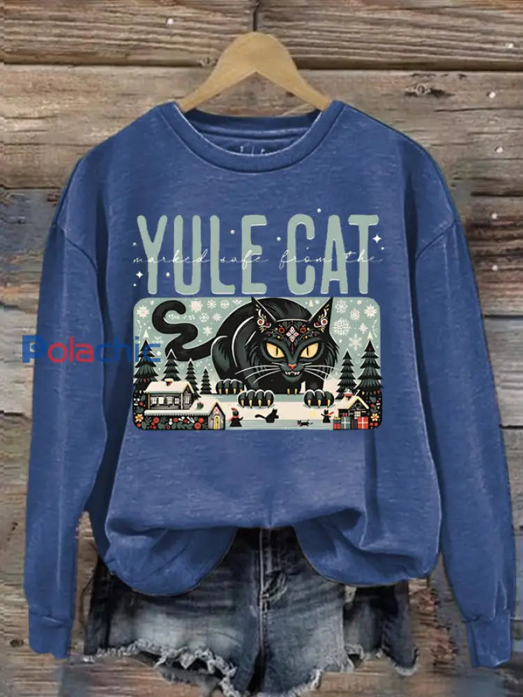 Sweat-shirt Yule Cat en polyester pour femme Bleu / S