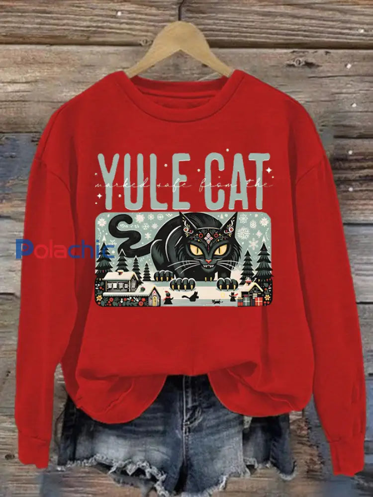 Sweat-shirt Yule Cat en polyester pour femme Rouge / S