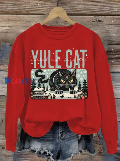 Sweat-shirt Yule Cat en polyester pour femme Rouge / S