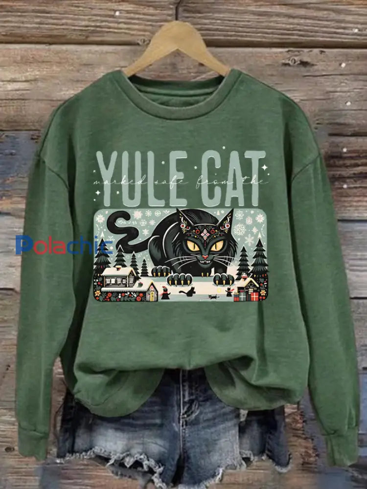 Sweat-shirt Yule Cat en polyester pour femme Vert / S