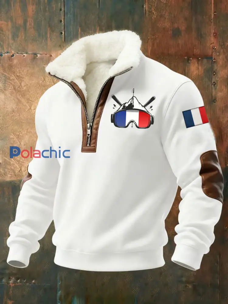 Sweat-shirt zippé à col montant en peluche Ski drapeau France pour homme Blanc / S
