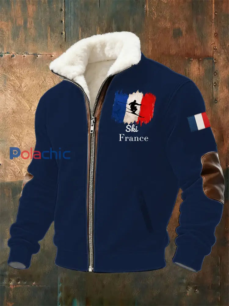 Sweat zippé France Ski en peluche pour homme Bleu Marine / S