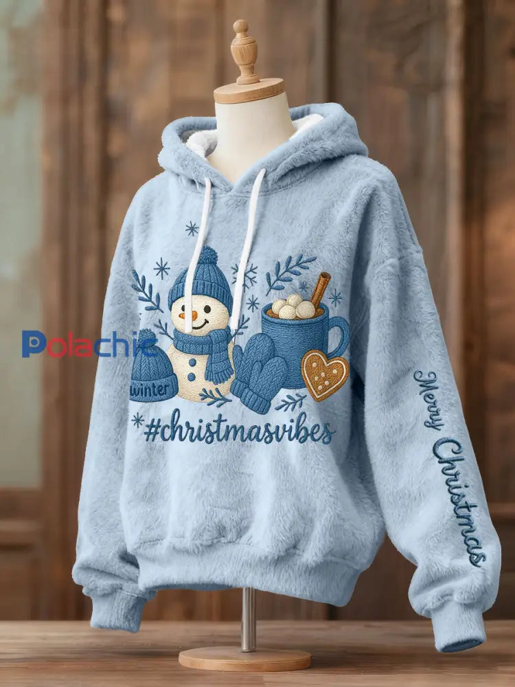 Sweats à capuche en molleton bonhomme de neige de Noël pour femmes Bleu Clair / S