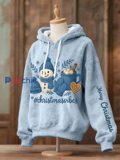 Sweats à capuche en molleton bonhomme de neige de Noël pour femmes Bleu Clair / S