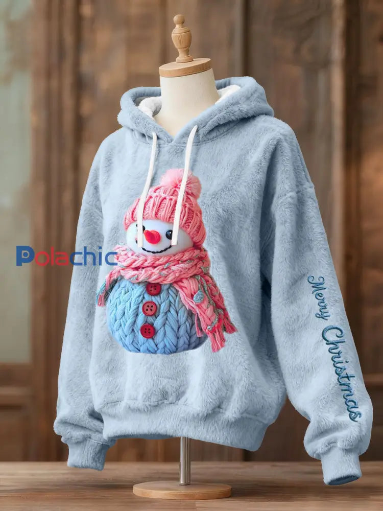 Sweats à capuche en molleton bonhomme de neige de Noël pour femmes Bleu Clair / S