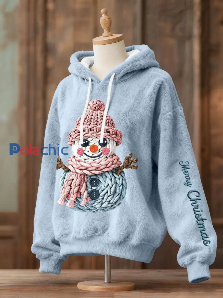 Sweats à capuche en molleton bonhomme de neige de Noël pour femmes Bleu Clair / S