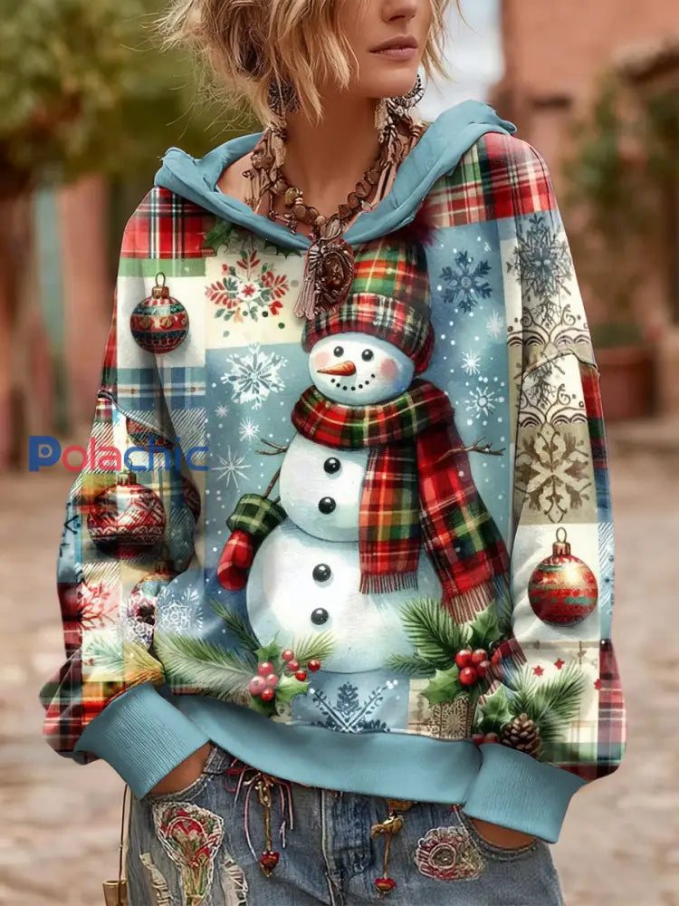 Sweatshirt à Capuche Bleu Check Christmas Femme Multicolore / S