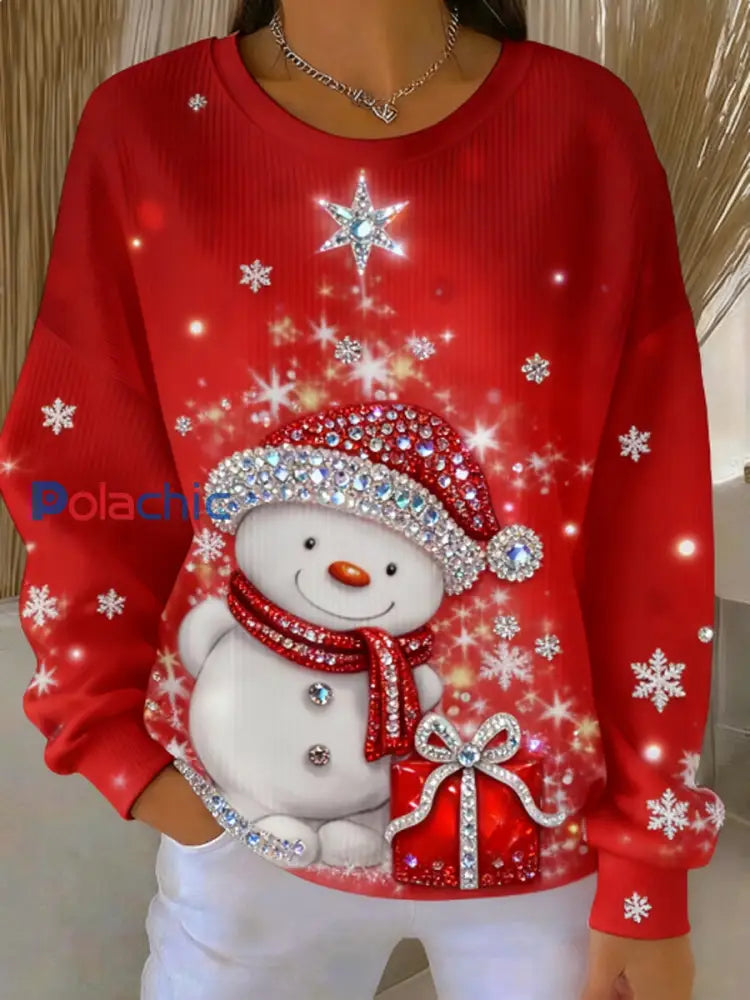 Sweatshirt à col rond côtelé Noël Femme Rouge / S
