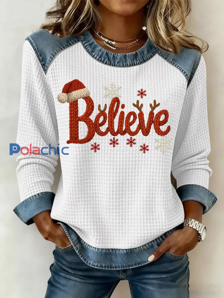 Sweatshirt à imprimé gaufré de Noël pour femmes Blanc / S