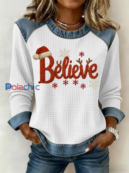 Sweatshirt à imprimé gaufré de Noël pour femmes Blanc / S
