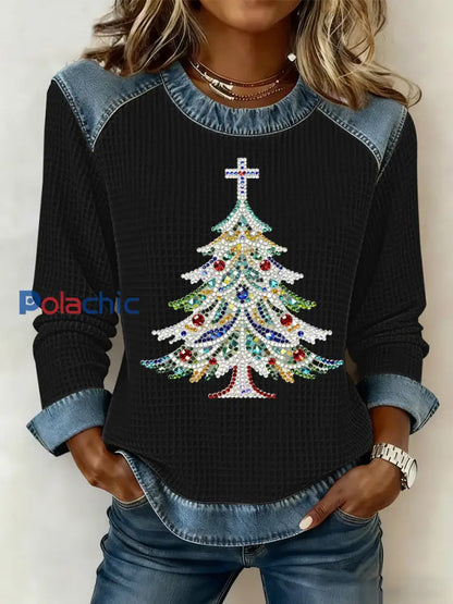 Sweatshirt à imprimé gaufré de Noël pour femmes Noir / S